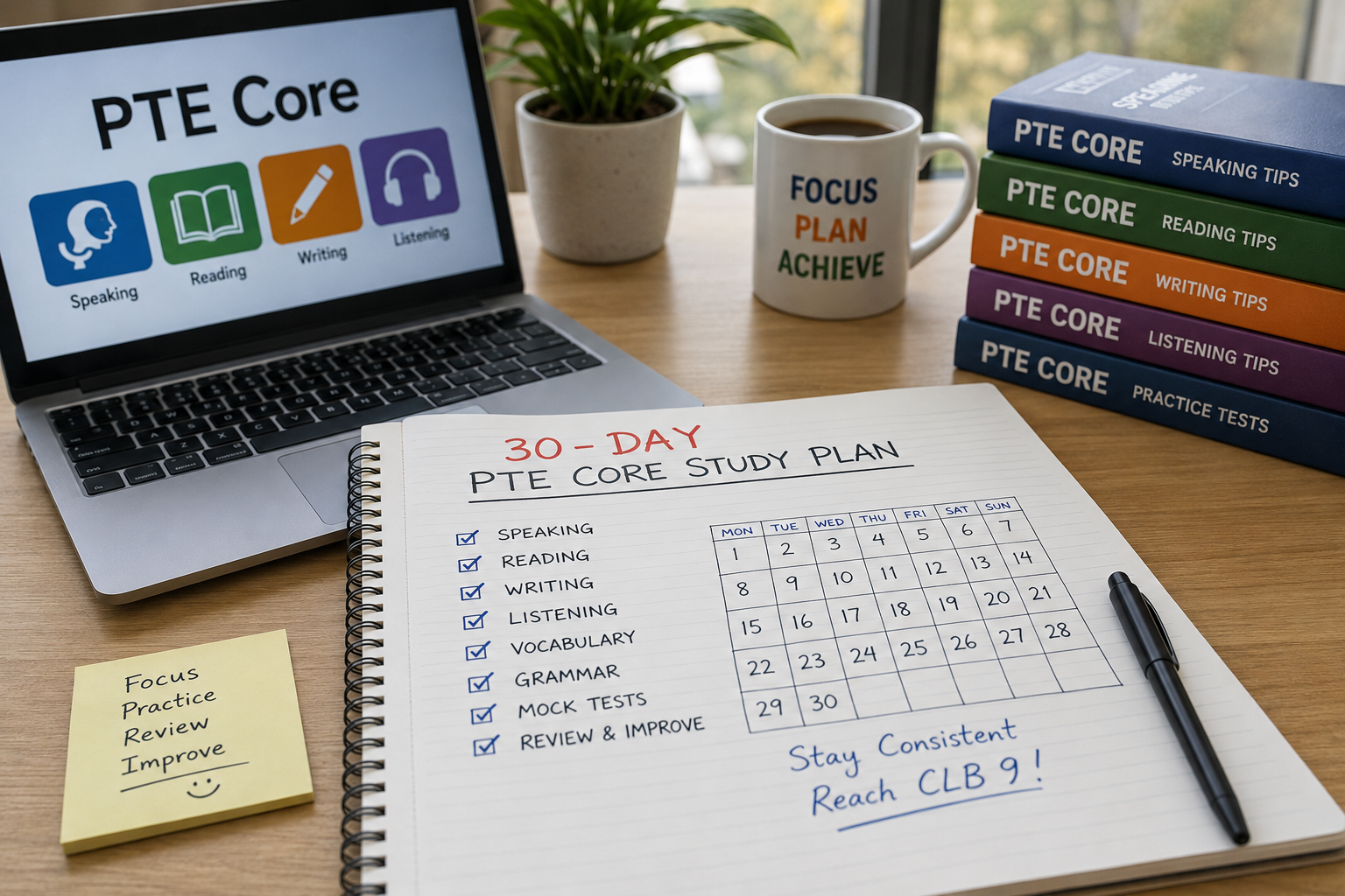 PTE Core 30-day study plan 2026 for CLB 9 preparation