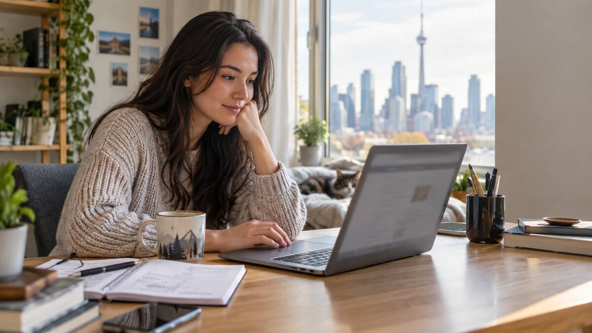 Job seeker using a laptop to search job listings in Canada