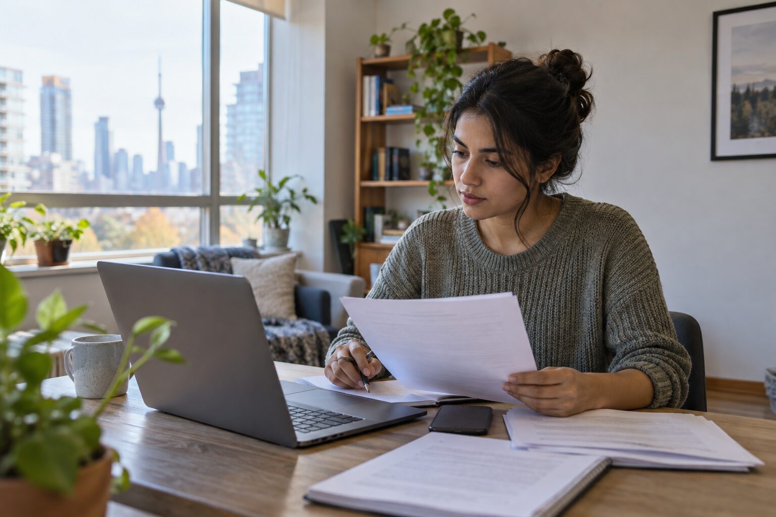 Newcomer reviewing LMIA and Canadian job-offer documents at home