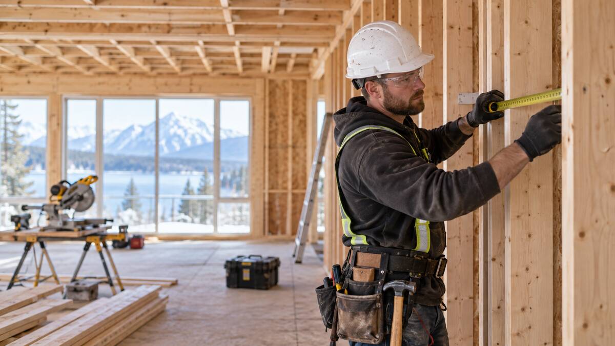 Carpenter framing a wall at a Canadian construction site