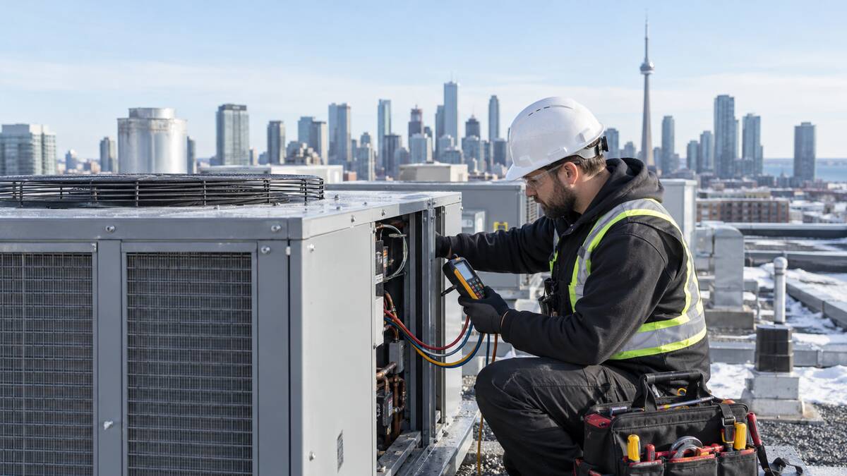 HVAC mechanic inspecting rooftop equipment in Canada