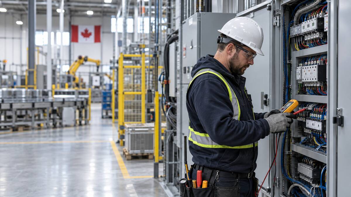Industrial electrician testing equipment in a Canadian plant