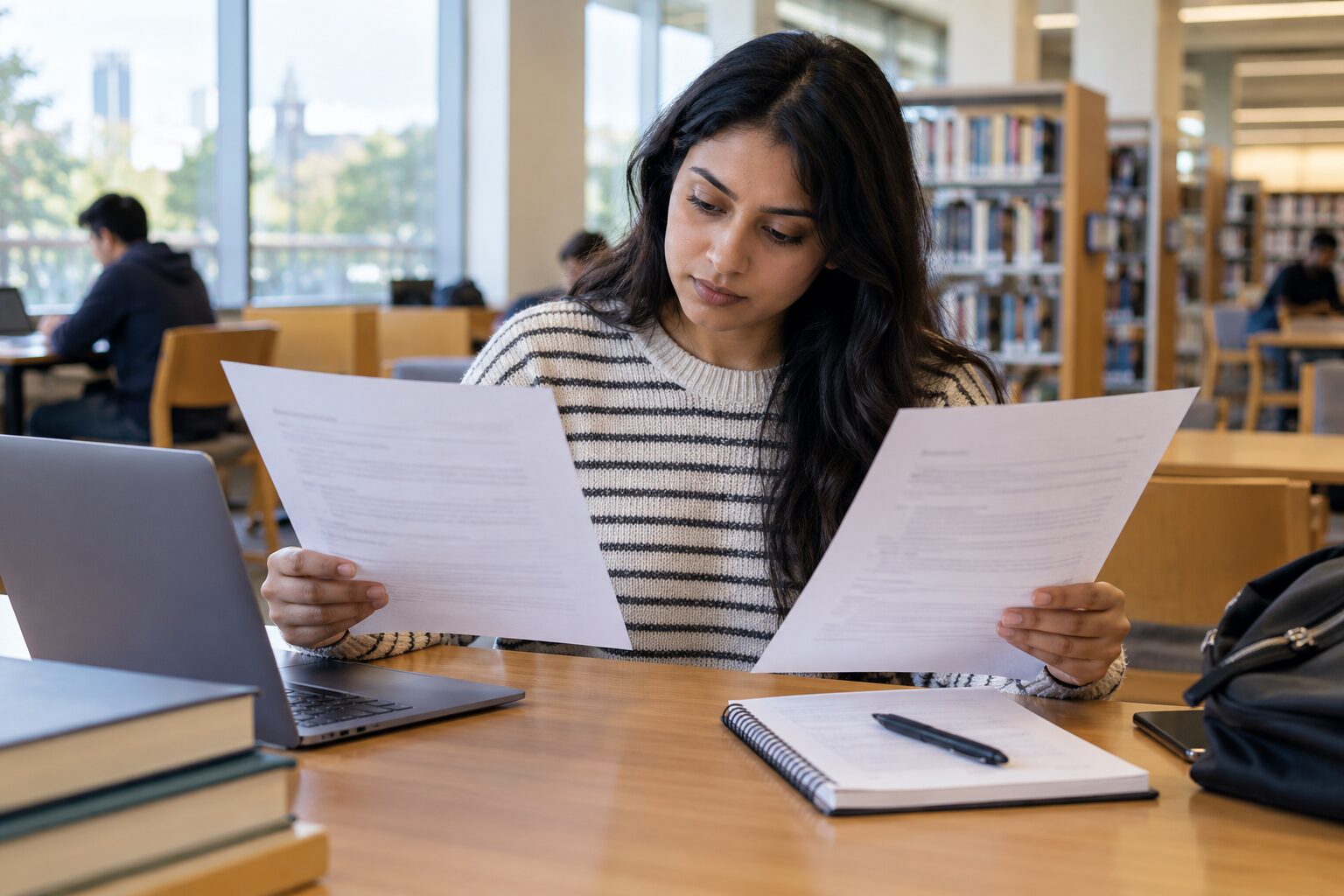 Job seeker comparing two Canadian employment documents at a library