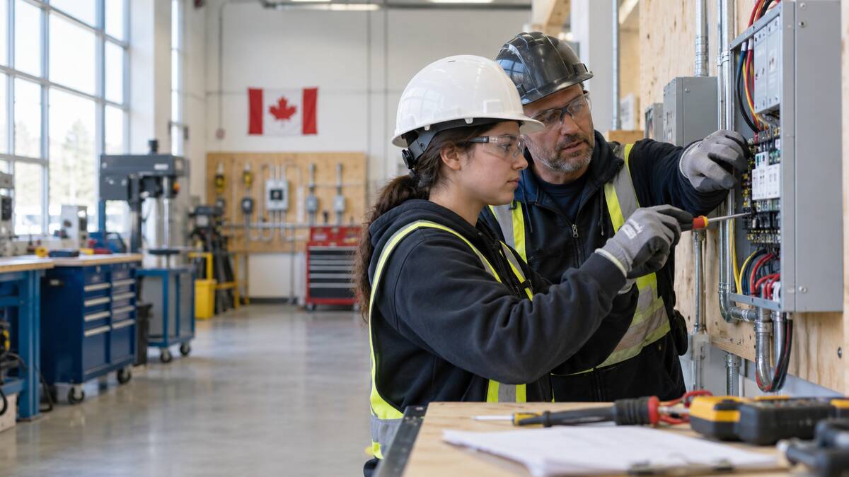 Apprentice learning electrical work in an Ontario workshop