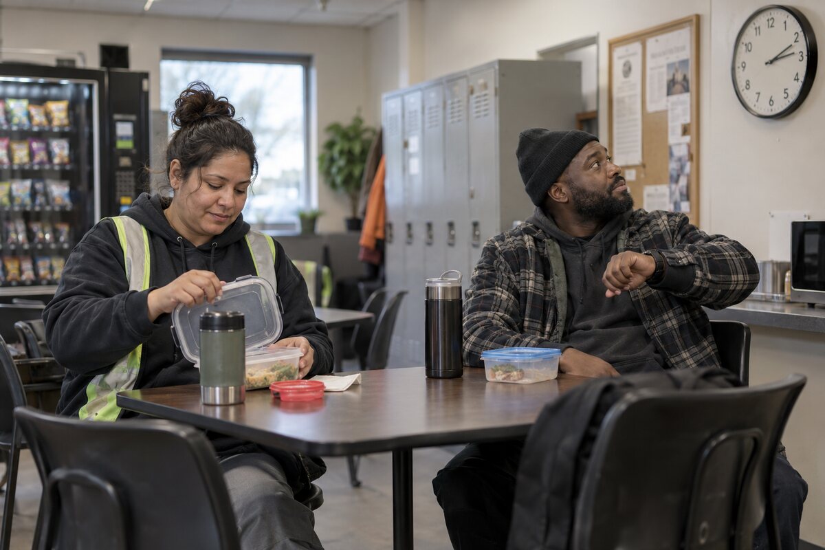 Employees taking a meal break in an Ontario workplace break room