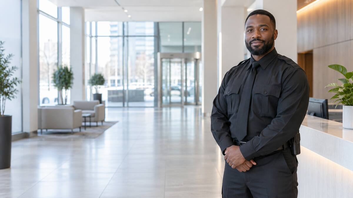 Professional security guard in a modern commercial building lobby