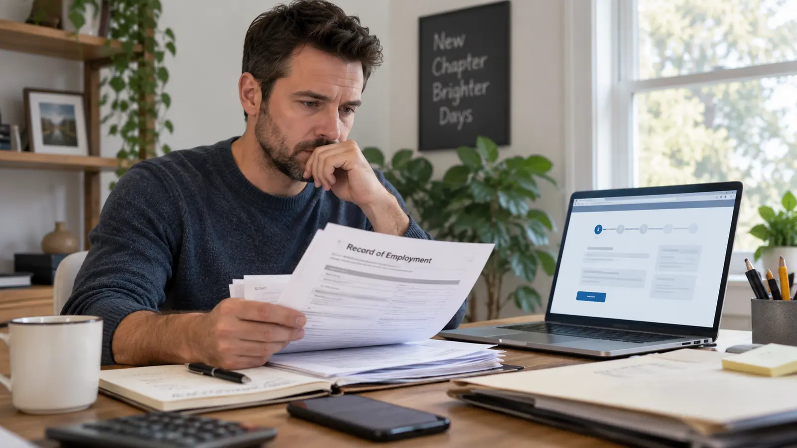 Canadian worker reviewing a Record of Employment for an EI application
