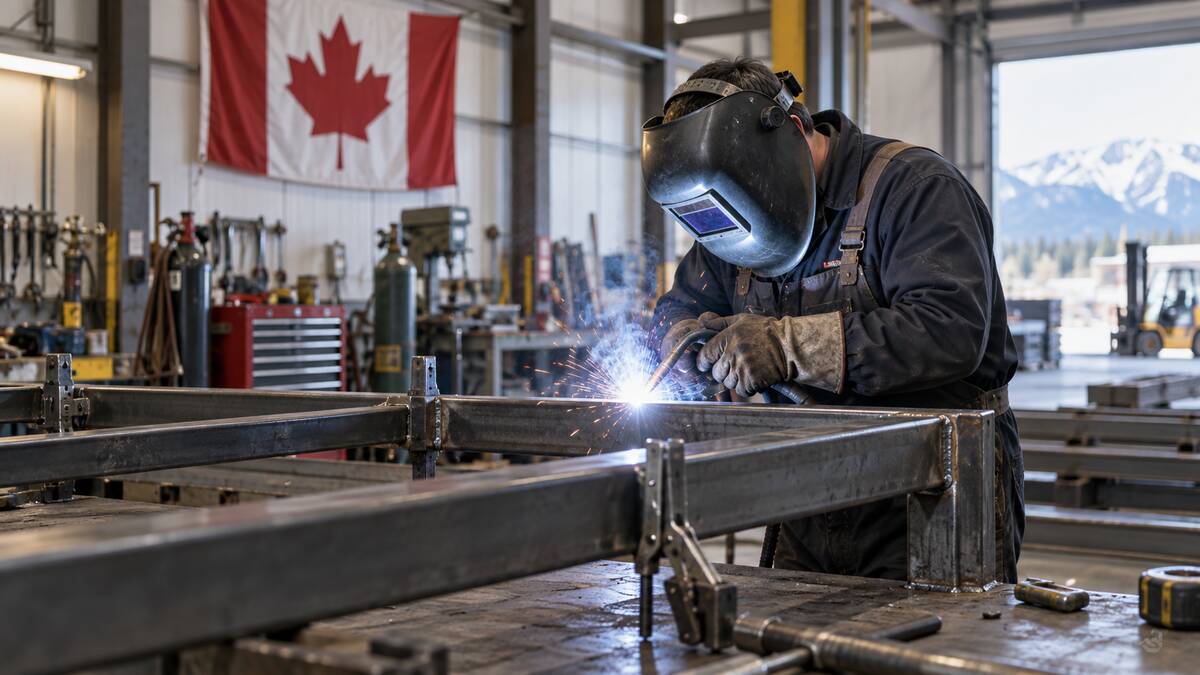 Welder fabricating a steel frame in a Canadian workshop